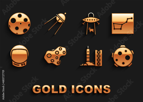 Set Asteroid, Great Bear constellation, Planet, Rocket launch from the spaceport, Astronaut helmet, UFO abducts cow, Moon and Satellite icon. Vector