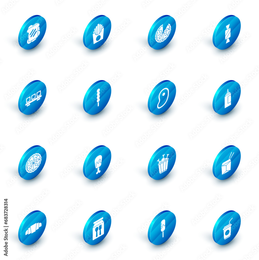 Set Potatoes french fries in box, Pizza, Candy, Sushi on cutting board, Lollipop, Sauce bottle and Steak meat icon. Vector Set Potatoes french fries in box, Pizza, Candy, Sushi on cutting board, Lollipop, Sauce bottle and Steak meat icon. Vector