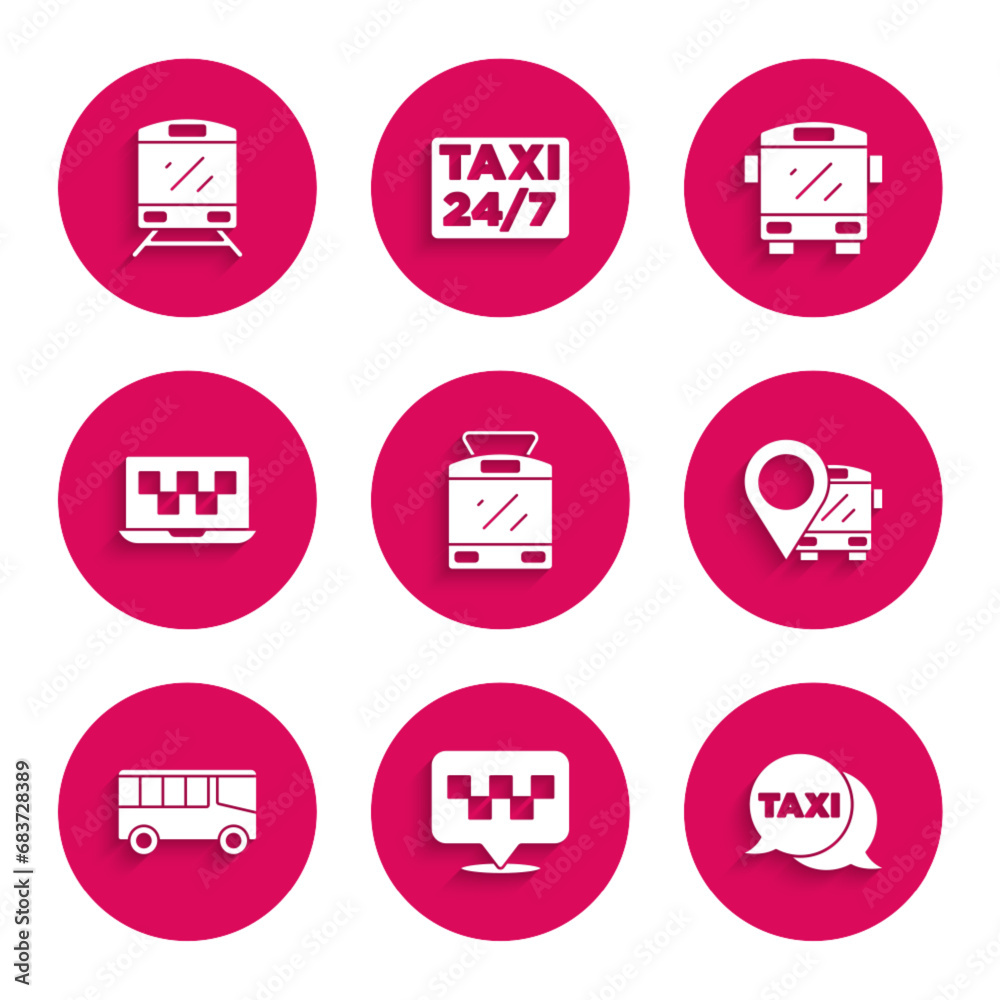 Set Tram and railway, Location with taxi, Taxi call telephone service, bus, Bus, Laptop, and Train icon. Vector