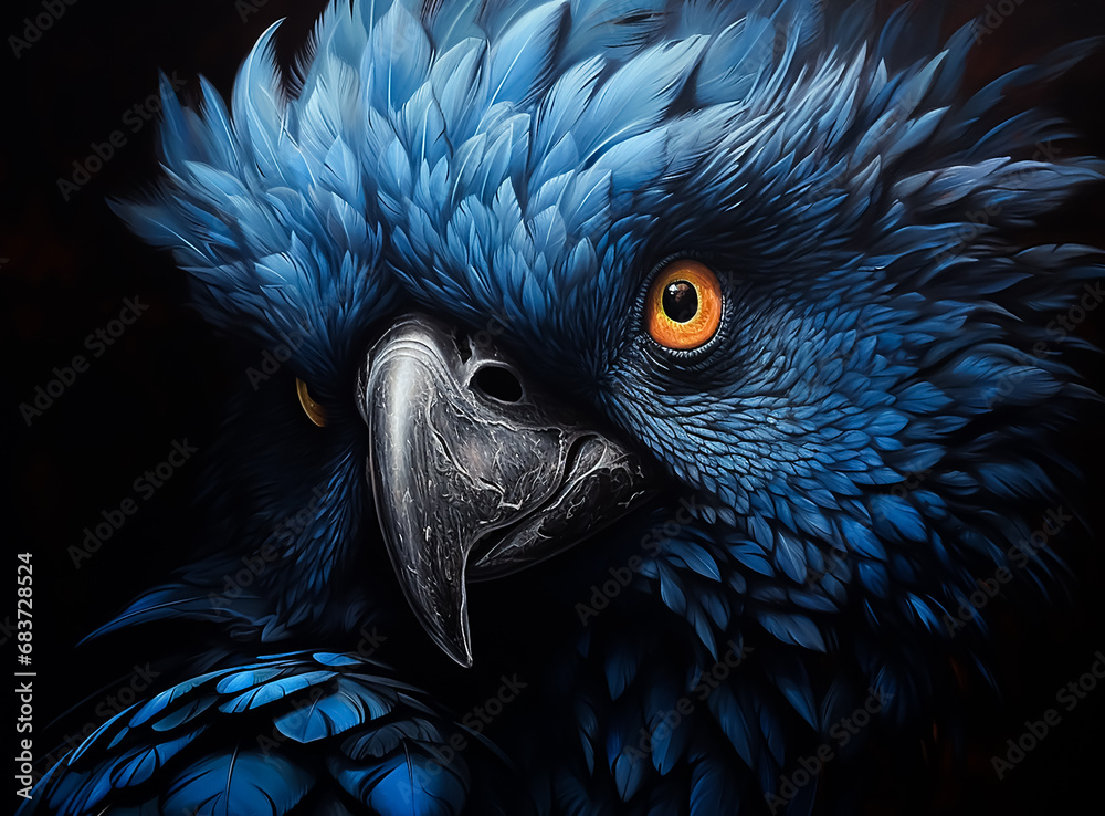 Fototapeta premium A Colorful Beautyful parrot Bird in blue and Gold Feathers, perfect closeup portrait, Dark Dramatic light.