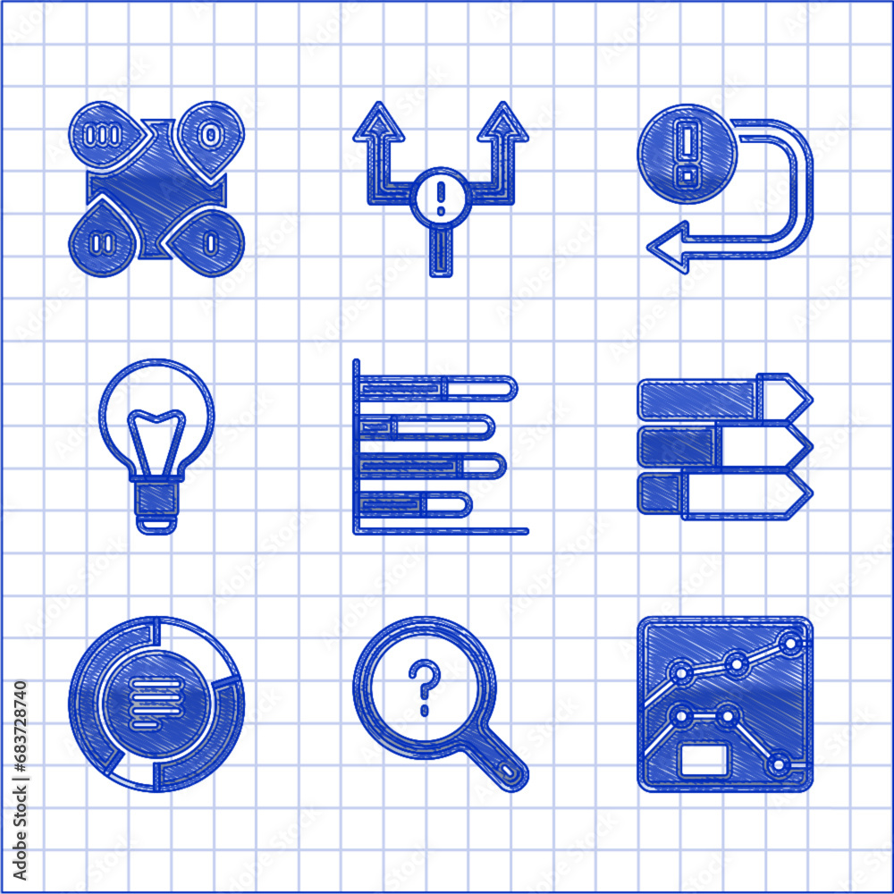 Set Pie chart infographic, Unknown search, Graph, chart, diagram, Light bulb, Arrow and Infographic element icon. Vector Set Pie chart infographic, Unknown search, Graph, chart, diagram, Light bulb, Arrow and Infographic element icon. Vector