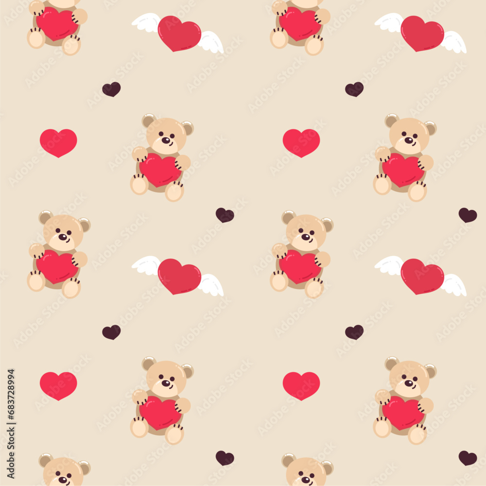 Valentines day seamless pattern with bear and hearts