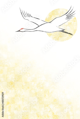 和風の金色テクスチャと太陽と空を飛ぶ鶴の年賀状イラスト