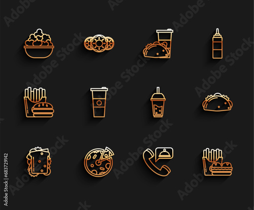 Set line Sandwich, Pizza, Popcorn in bowl, Food ordering, Burger french fries carton package box, Paper glass water, Taco with tortilla and Glass of lemonade drinking straw icon. Vector
