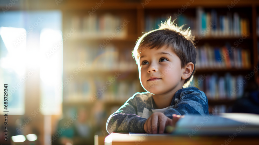 Child boy looking attentively at the books in a library Child boy looking attentively at the books in a library