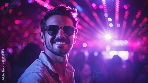 Portrait of a happy guy in a night club with purple and pink spotlight wearing sunglasses. Young man in a nightclub with laser lights photo