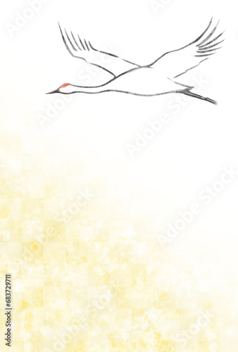 和風の金色テクスチャと空を飛ぶ鶴の年賀状イラスト