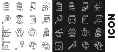 Set line Bee and flower, honeycomb, Honey dipper stick with dripping, Jar of bee, Wooden barrel, Honeycomb and icon. Vector