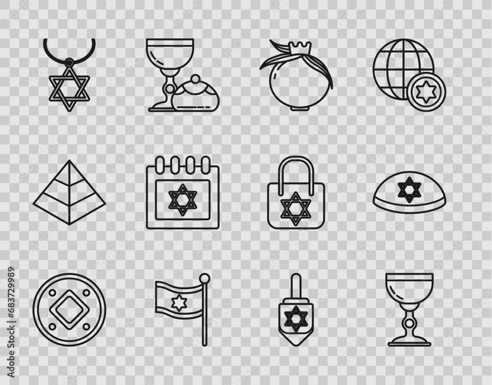 Set line Jewish coin, goblet, Pomegranate, Flag of Israel, Star David necklace on chain, calendar with star david, Hanukkah dreidel and kippah icon. Vector Set line Jewish coin, goblet, Pomegranate, Flag of Israel, Star David necklace on chain, calendar with star david, Hanukkah dreidel and kippah icon. Vector