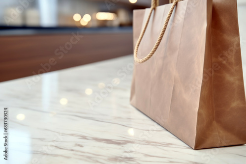 Close up of empty brown paper shopping bag on white marble countertop in kitchen. Shopping concept of echo and lifestyle.