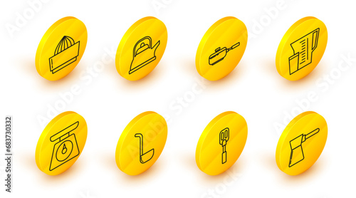 Set line Coffee turk, Spatula, Kitchen ladle, Scales, Measuring cup, Frying pan, Kettle with handle and Citrus fruit juicer icon. Vector