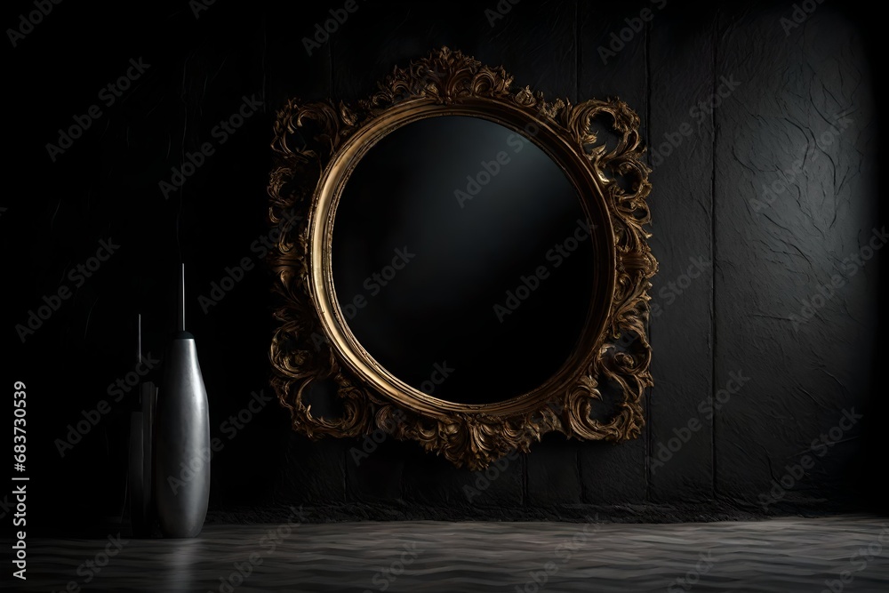 artistic view, a horor mirror beside the black wall, 8k.  - obrazy, fototapety, plakaty 