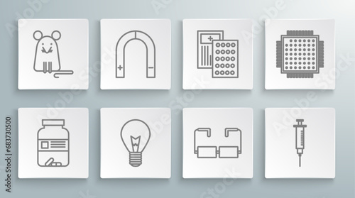 Set line Medicine bottle and pills, Magnet, Light bulb with concept of idea, Glasses, Syringe, Pills blister pack, Processor and Rat icon. Vector