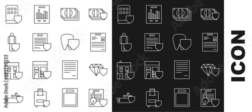Set line Document with key with shield, Diamond, Personal document, Stacks paper money cash, Contract, Life insurance, Smartphone and Tooth icon. Vector