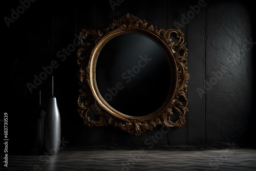 artistic view, a horor mirror beside the black wall, 8k. 