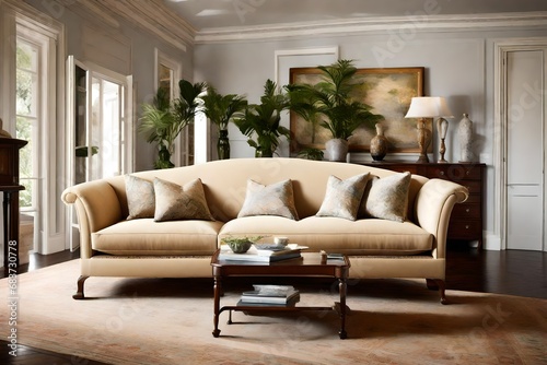 Capture the timeless beauty of a Camelback Sofa in a classic interior setting.  photo
