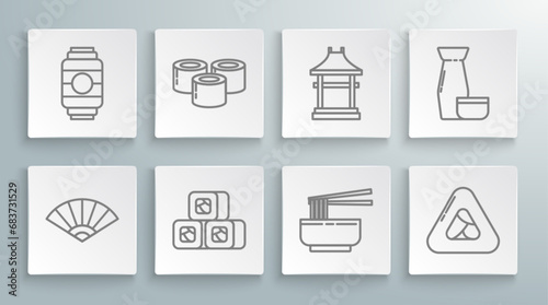 Set line Paper chinese or japanese folding fan, Sushi, Asian noodles bowl and chopsticks, Japan Gate, Traditional Japanese tea ceremony and paper lantern icon. Vector