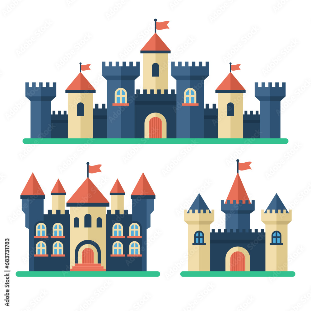 Castle set in flat style. Medieval buildings fortress fantasy gothic architecture towers. Royal kingdom towers, old ancient magic castles. Vector illustration