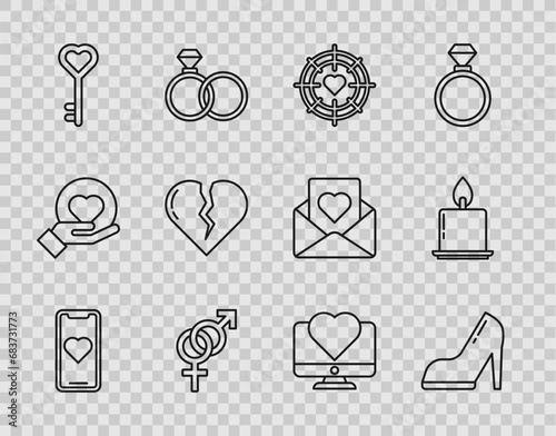 Set line Mobile phone with heart, Woman shoe high heel, Heart in the center of darts target aim, Gender, Key shape, Broken or divorce, Computer monitor and Burning candle icon. Vector