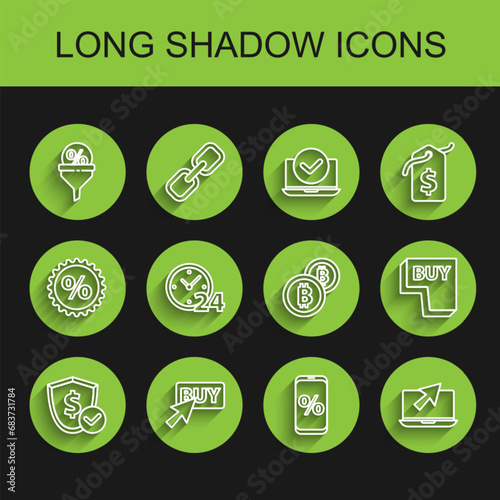 Set line Shield with dollar, Buy button, Lead management, Percent discount and mobile, Laptop cursor, Clock 24 hours, and Cryptocurrency coin Bitcoin icon. Vector