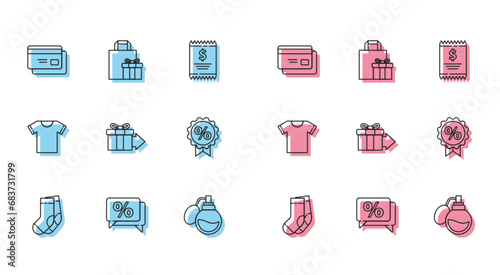 Set line Socks, Discount percent tag, Credit card, Perfume, Gift box, T-shirt and icon. Vector