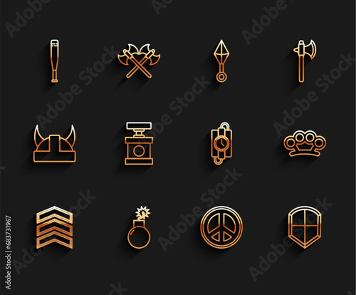 Set line Military rank, Bomb ready to explode, Baseball bat, Peace, Shield, Handle detonator for dynamite, Brass knuckles and stick timer clock icon. Vector