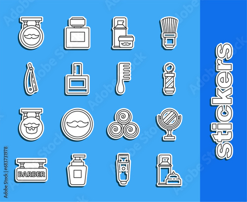 Set line Shaving gel foam, Round makeup mirror, Classic Barber shop pole, Aftershave, Straight razor, Barbershop and Hairbrush icon. Vector
