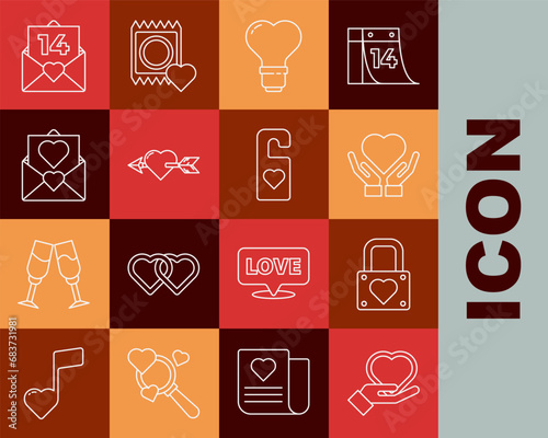 Set line Heart on hand, Lock heart, shape in light bulb, Amour with arrow, Envelope Valentine, and Please do not disturb icon. Vector