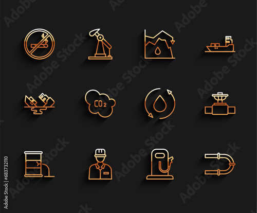 Set line Barrel oil leak, Oilman, No Smoking, Petrol or gas station, Industry pipe, CO2 emissions cloud, and valve and drop icon. Vector