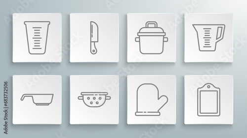 Set line Frying pan, Knife, Kitchen colander, Oven glove, Cutting board, Cooking pot, Measuring cup and icon. Vector