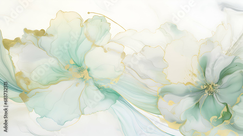 Abstract marble ink liquid fluid watercolor painting texture banner illustration, mint green petals, blossom flower flowers swirls gold painted lines, isolated on white background, generative ai photo
