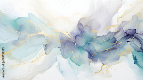 Abstract marbled ink liquid fluid watercolor painting texture banner illustration - Soft blue purp petals, blossom flower flowers swirls gold painted lines, isolated on white background, generative ai