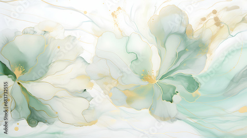 Abstract marble ink liquid fluid watercolor painting texture banner illustration, mint green petals, blossom flower flowers swirls gold painted lines, isolated on white background, generative ai