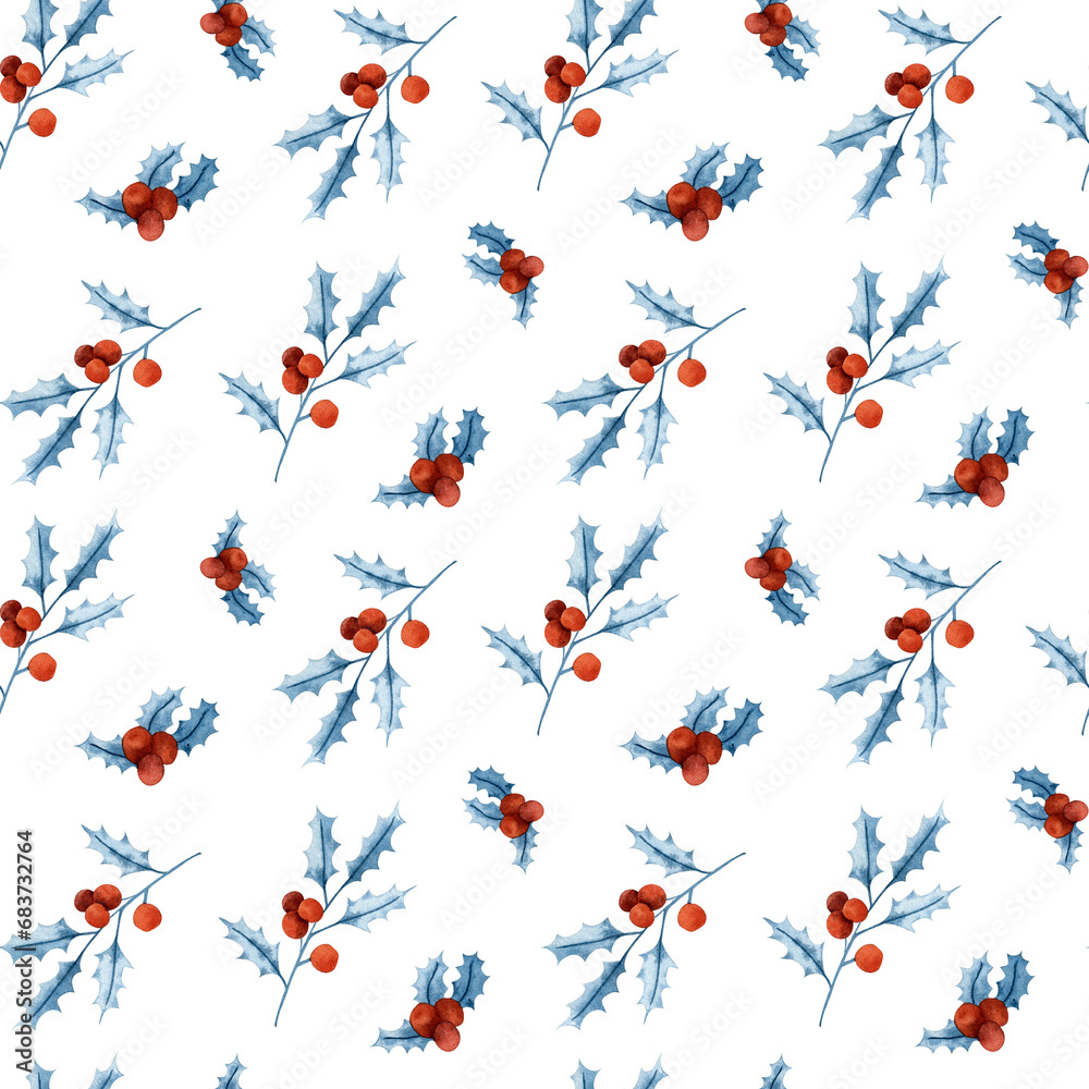 Watercolor seamless pattern with blue leaves and red berries.