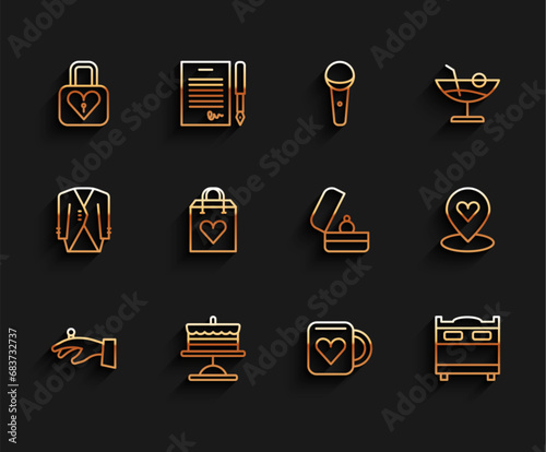 Set line Wedding rings on hand, Cake plate, Lock heart, Coffee cup, Bedroom, Shopping bag with, Location and icon. Vector