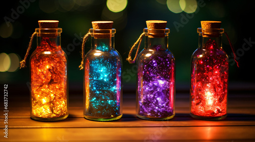 Four glowing little bottles