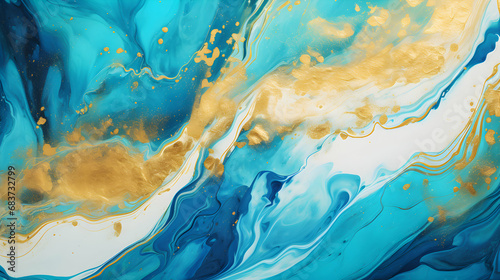 Abstract marbling marble oil acrylic paint background illustration art wallpaper - Blue gold color with waving waves swirls liquid fluid texture banner painting textur, brochure, header, generative ai