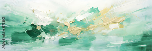 Abstract rough green white gold art painting texture background illustration, with oil brushstroke and palette knife paint on canvas, brochure template, digital web header, generative ai photo