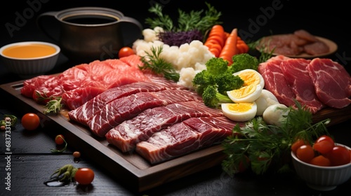 Raw beef meat with vegetables and sauce on a black wooden background.