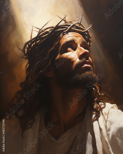 Portrait of Dark Skinned Jesus Christ Wearing Crown of Thorns with Light Streaming from Above, Bible Character Illustration