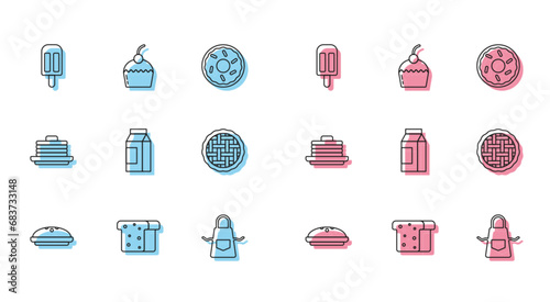 Set line Homemade pie, Bread toast, Ice cream, Kitchen apron, Paper package for milk, Stack of pancakes and Cake icon. Vector