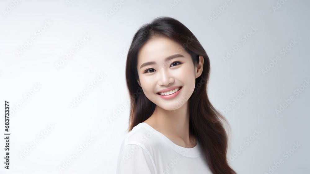 a beautiful young model woman smiling with clean teeth. used for a dental ad isolated on white background a beautiful young model woman smiling with clean teeth. used for a dental ad isolated on white background