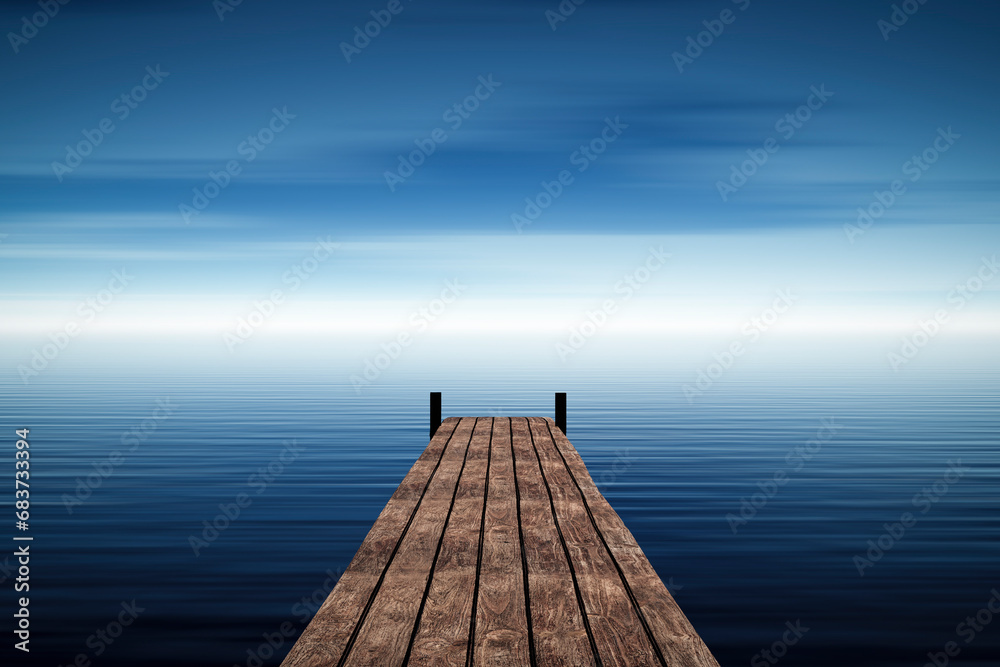 A small wooden pier extending into the blue sea.