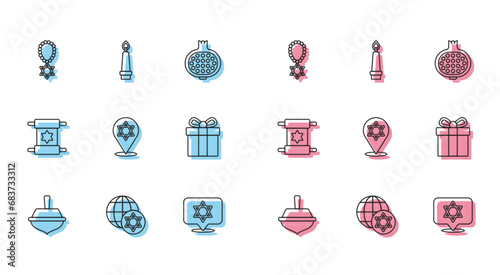 Set line Hanukkah dreidel, World Globe and Israel, Star of David necklace on chain, Gift box, Torah scroll and Burning candle icon. Vector