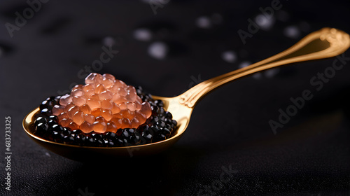 Black Caviar in spoon, top view of sturgeon black caviar close-up. Delicatessen backdrop. Texture of expensive luxury caviar background. Recipe menu restaurant. Generative ai. photo