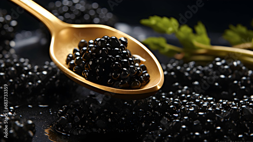 Black Caviar in spoon, top view of sturgeon black caviar close-up. Delicatessen backdrop. Texture of expensive luxury caviar background. Recipe menu restaurant. Generative ai.