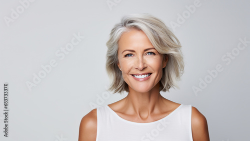 a beautiful middle aged model woman smiling with clean teeth. used for a dental ad. isolated on white background photo