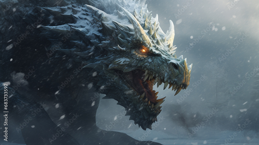 A Large intimidating dragon with rainy.