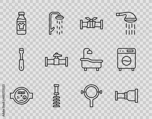 Set line Water meter, Pipe adapter, Industry metallic pipe, Toilet brush, Bottle for cleaning agent, and valve, Filter wrench and Washer icon. Vector