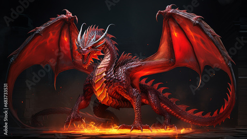 A Large intimidating dragon with fiery red scales